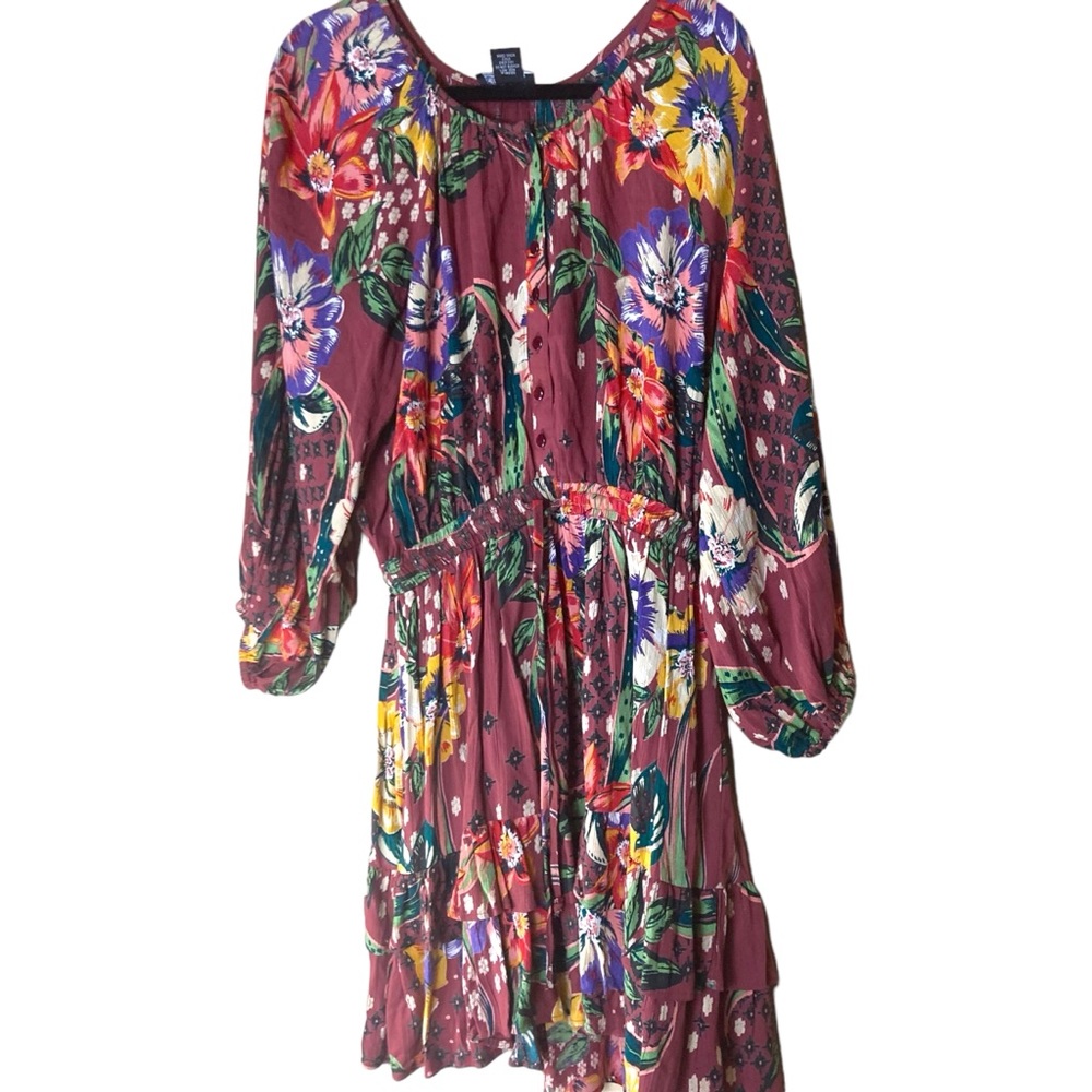Angie Mini Dress Ruffled skirt Burgundy Flowers Size Medium